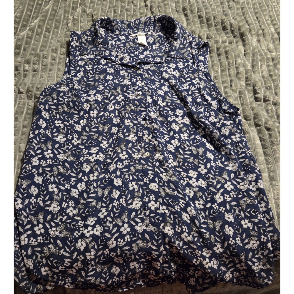 H&M Womens Blue White Floral Butterfly Sleeveless Collared Button Blouse Sz 8